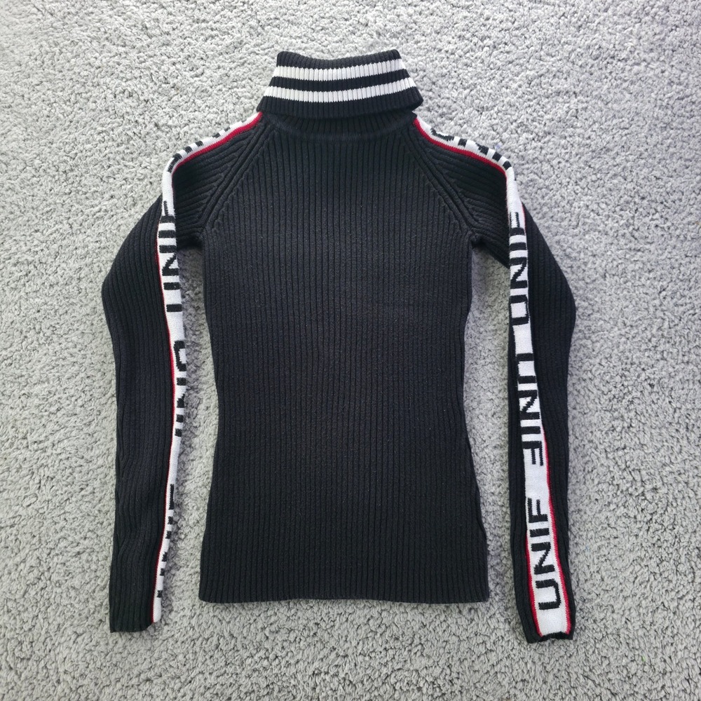 UNIF Black Ribbed Turtleneck Sweater Logo Tape Sleeve XS Cotton